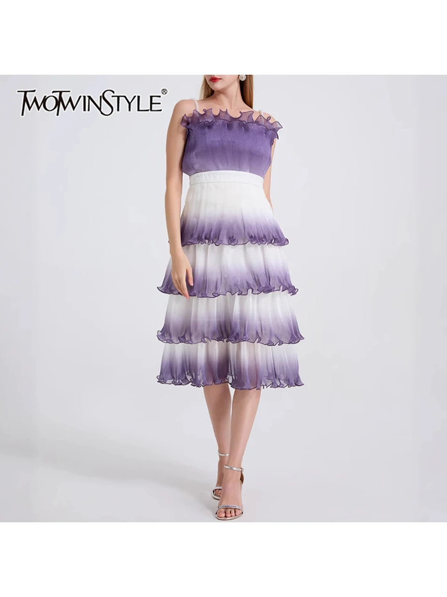 Gradient Spliced Ruffles Dresses