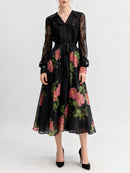 Printing Sheer Spliced Lace Up Dresses