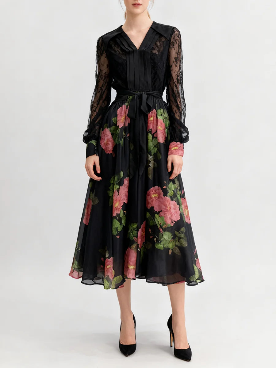 Printing Sheer Spliced Lace Up Dresses