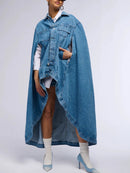 Denim Lapel Batwing Sleeve Coat