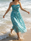 Blue Loose Spliced Flowers Dresses