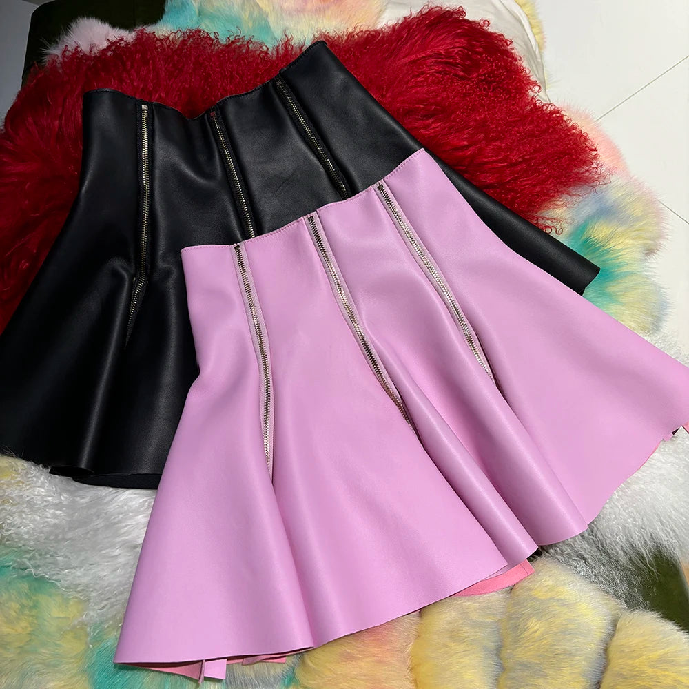 A-line Leather Zipper Skirt