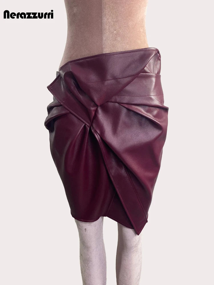 Wine Red Patchwork Leather Mini Skirt