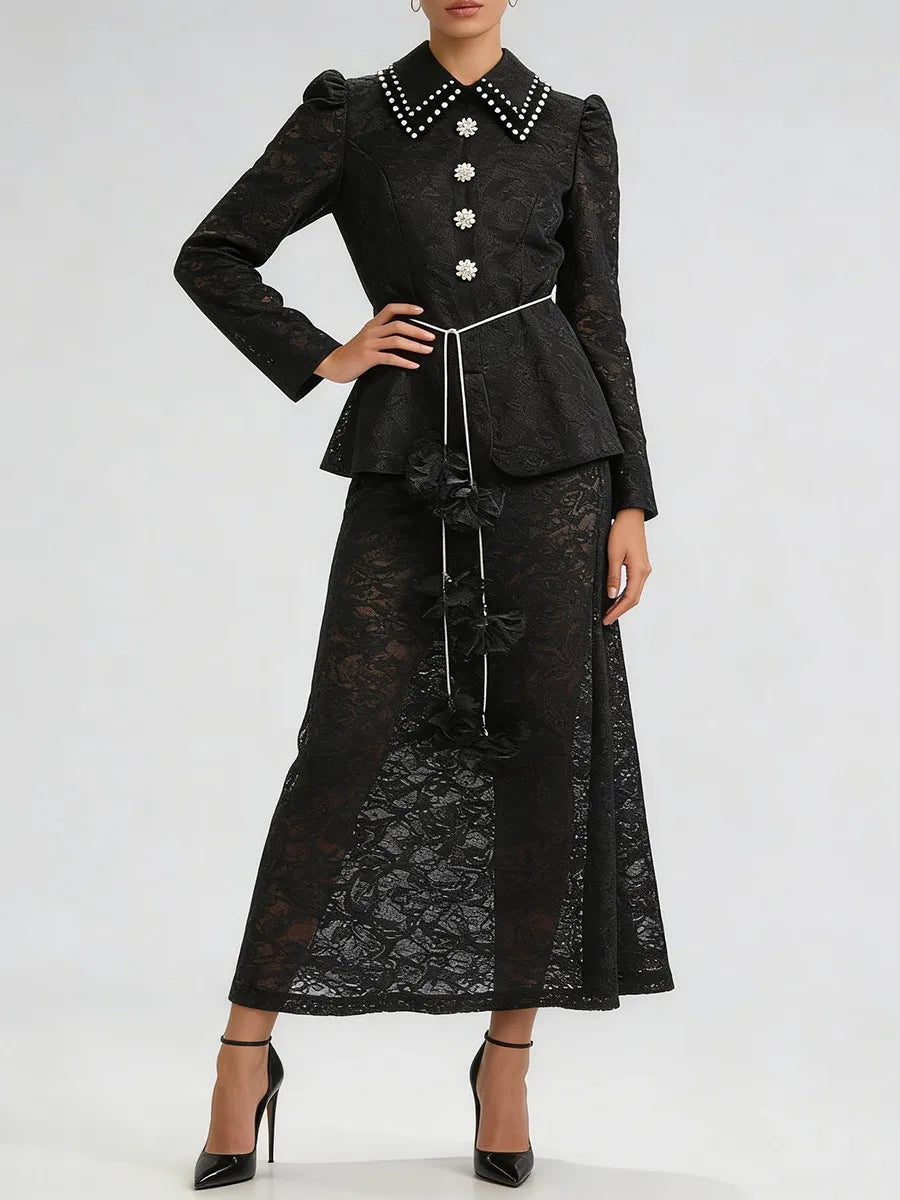 Black Printing Spliced Lace Two Piece Sets
