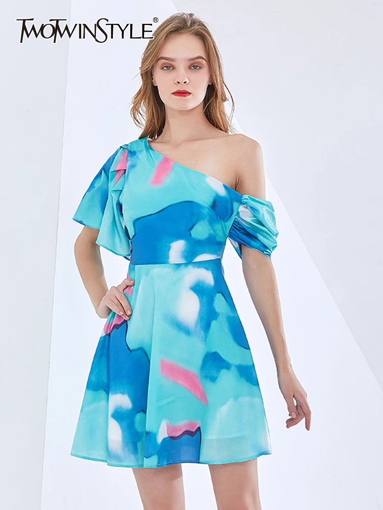 Asymmetrical Print Color Block Mini Dress