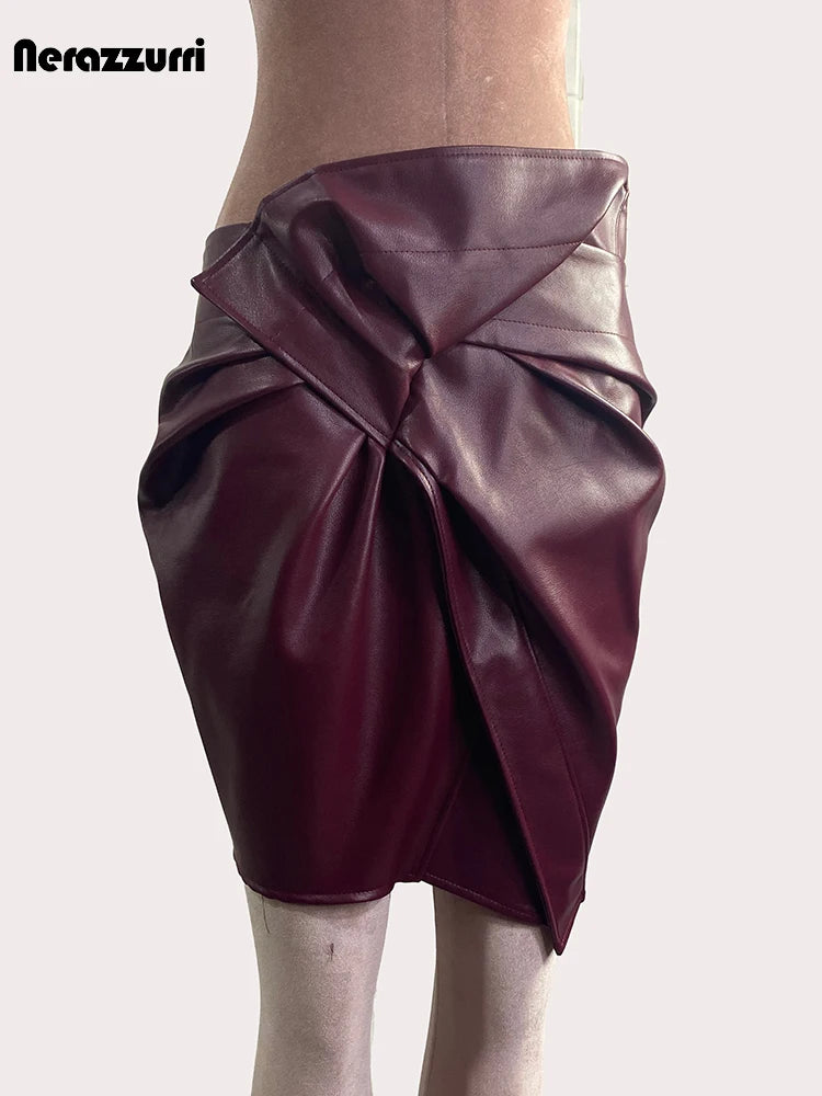 Wine Red Patchwork Leather Mini Skirt