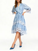 Hit Color Sheer Spliced Appliqués Dresses