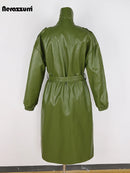 Long Green Hard Leather Trench Coat