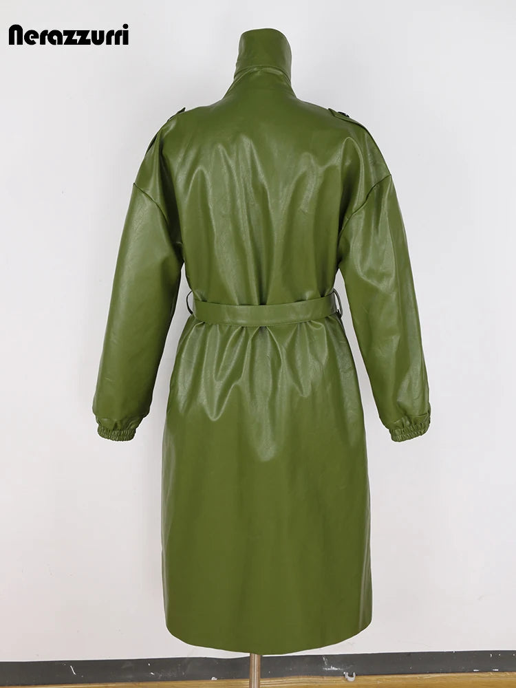 Long Green Hard Leather Trench Coat