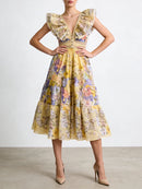 Printing Spliced Ruffles Folds Long Dresses