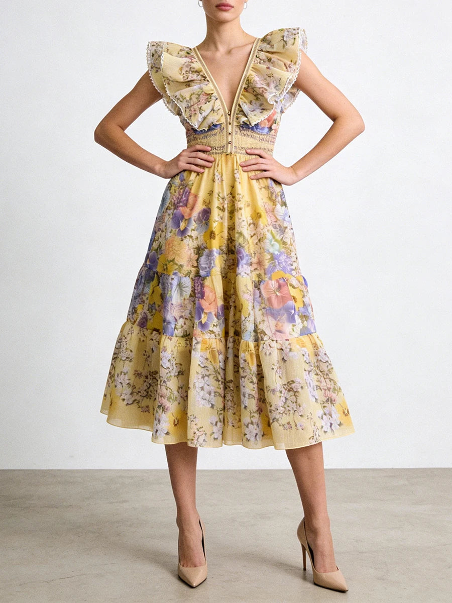 Printing Spliced Ruffles Folds Long Dresses