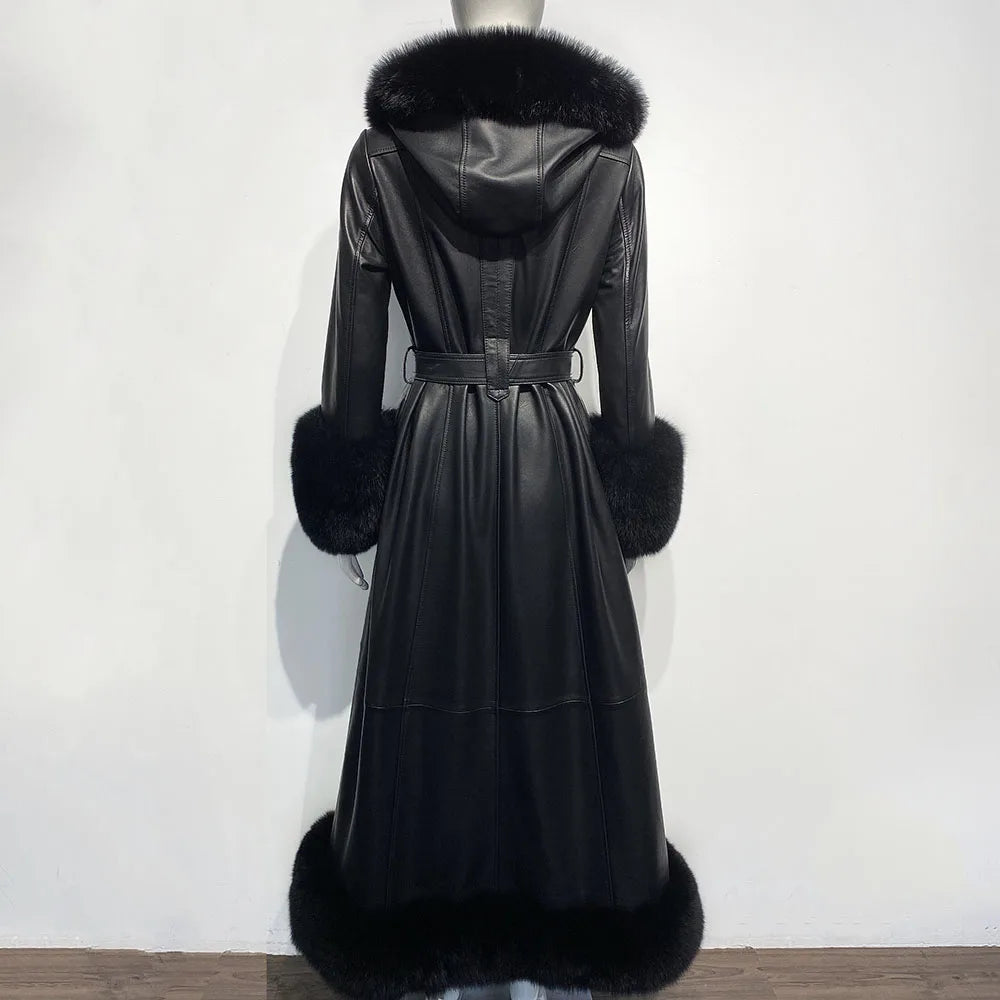 Fur Collar Hooded Leather Trench Coat