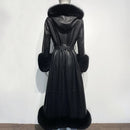 Fur Collar Hooded Leather Trench Coat