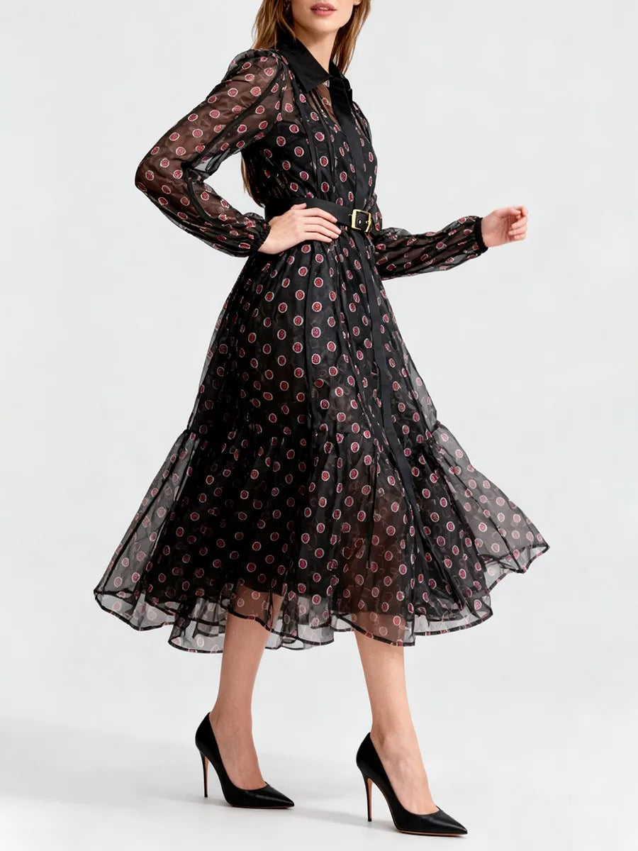 Printed Sheer Spliced Belt  Dresses