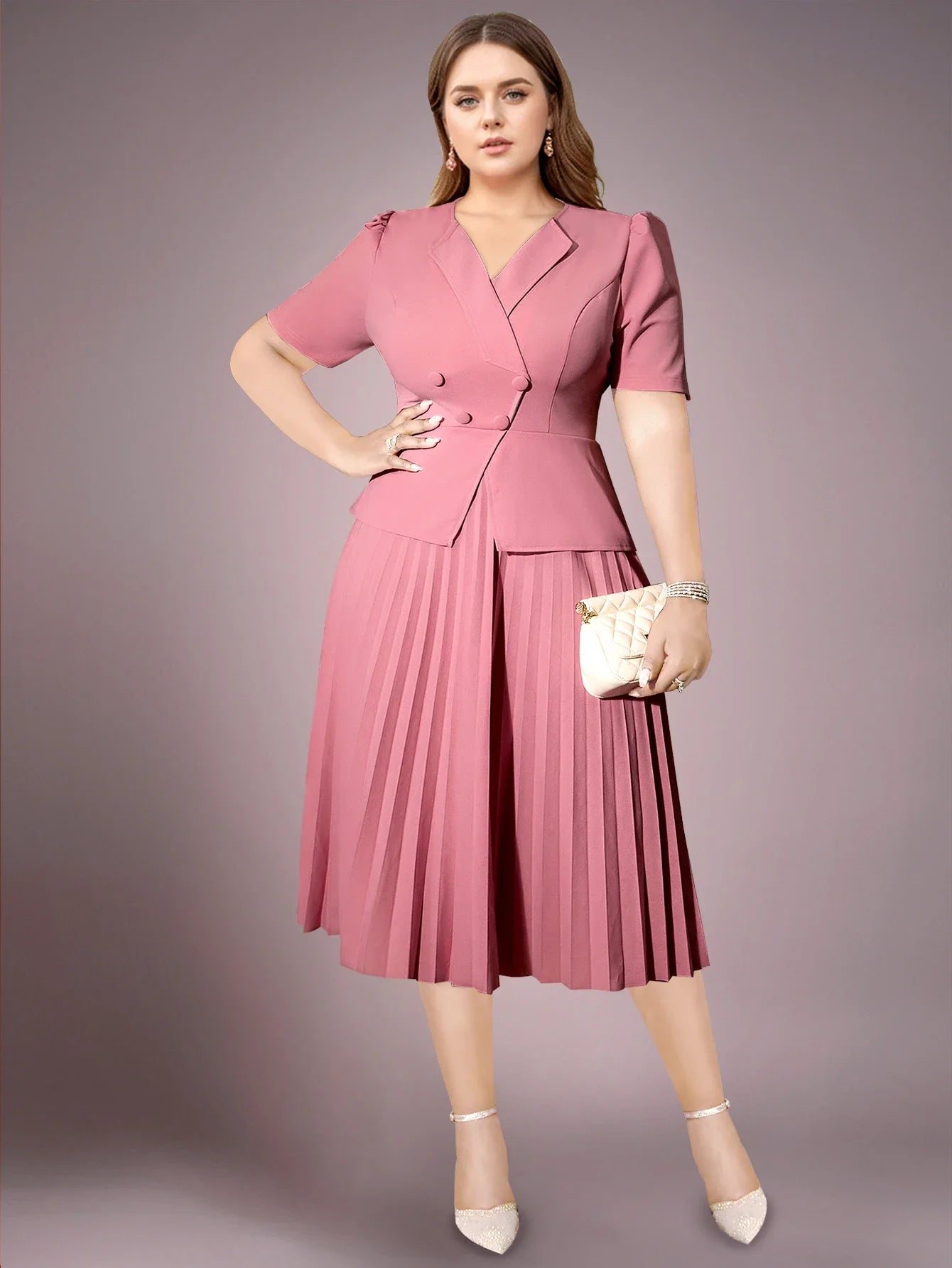 Women Classic Elegant Church Dress Turn Down Collar Short Sleeve Button Up A-Line Pleated Formal Workwear Clothing Plus Size 4XL