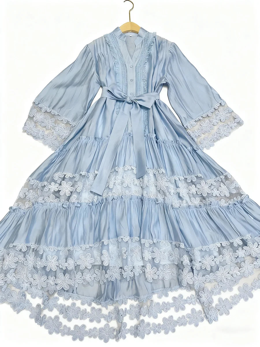 Hit Color Sheer Spliced Appliqués Dresses