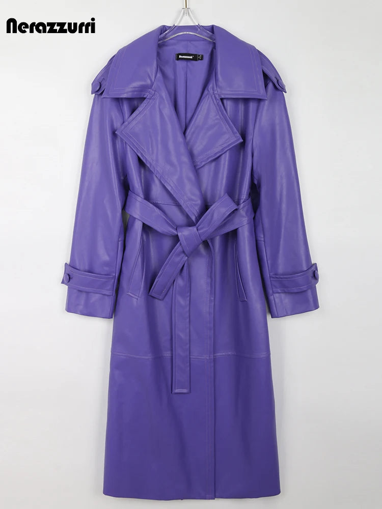 Long Purple Faux Leather Trench Coat