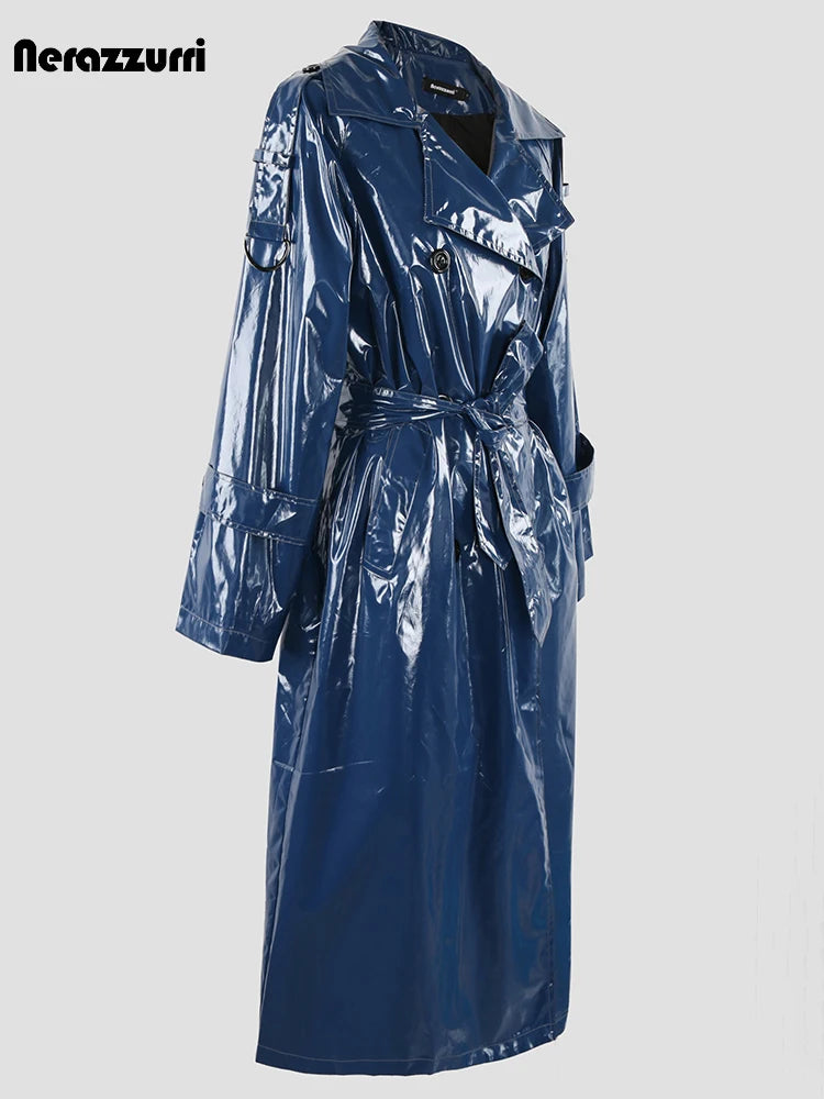 Blue & Soft Patent Faux Leather Trench Coat f