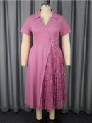 Plus Size Midi Dress Turn-Down Collar Dress