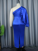 Women’s Blue Satin Ruffled One Shoulder Dress
