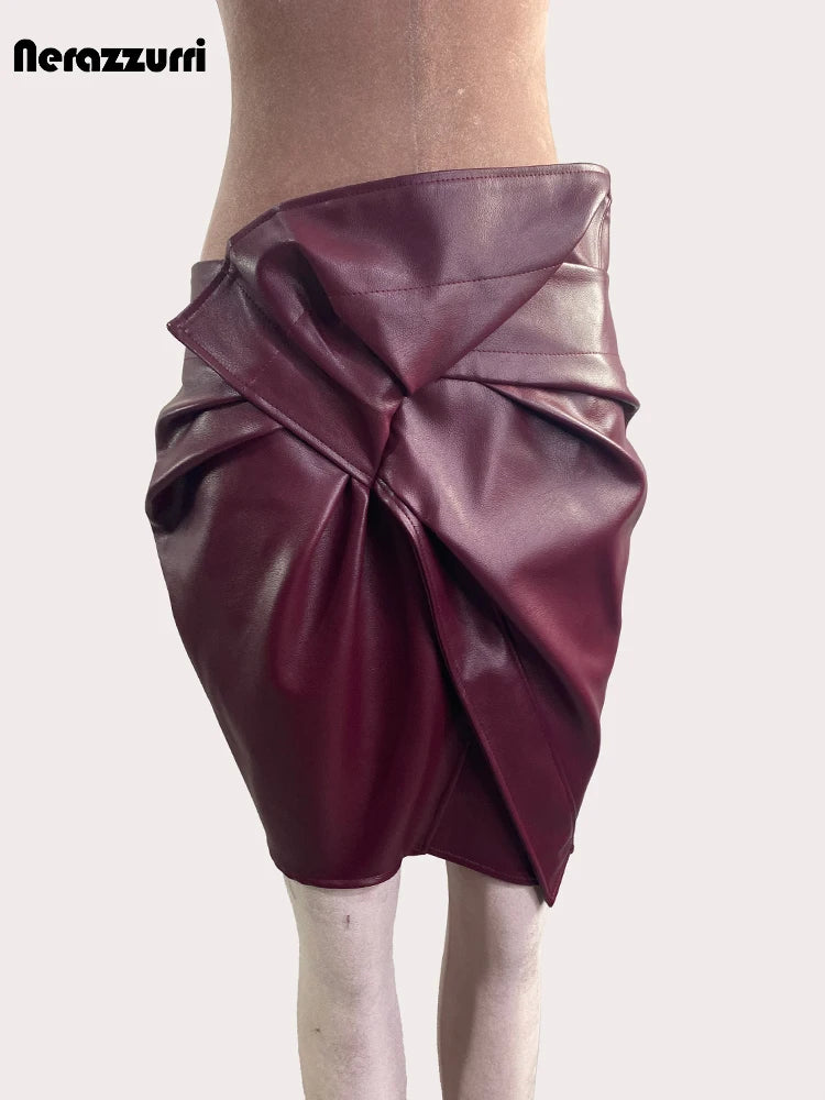 Wine Red Patchwork Leather Mini Skirt