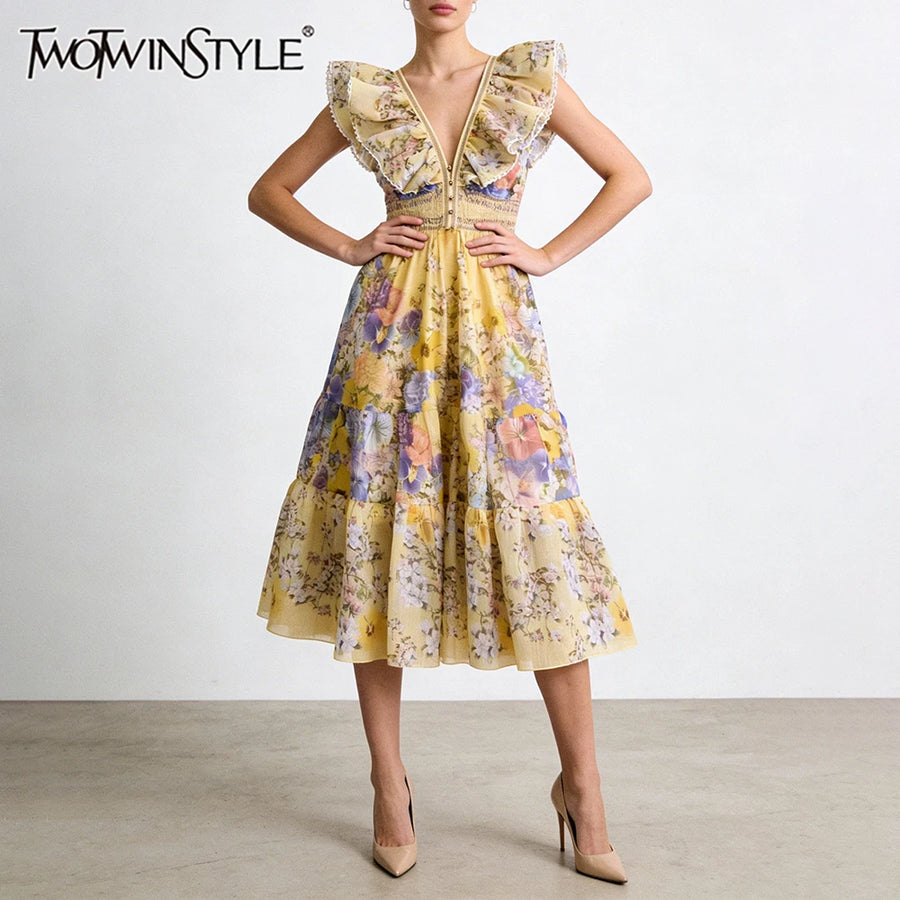 Printing Spliced Ruffles Folds Long Dresses