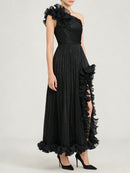 Black Spliced Fungus Folds Irregular Long Dress