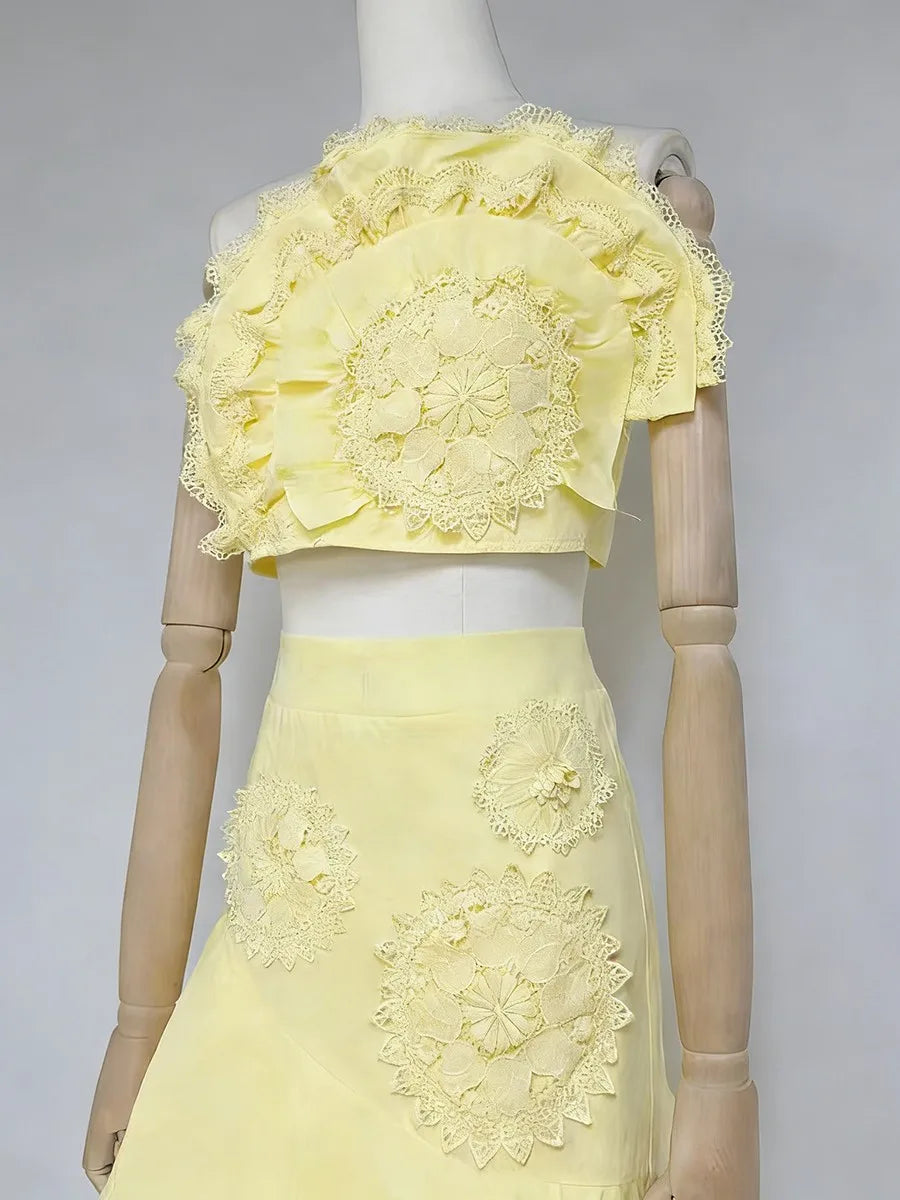Embroidery Two Piece Ruffles Skirt Sets