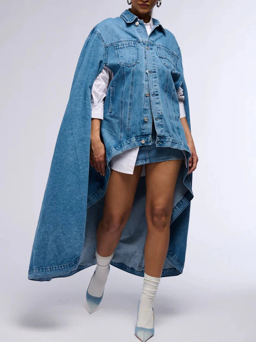 Denim Lapel Batwing Sleeve Coat