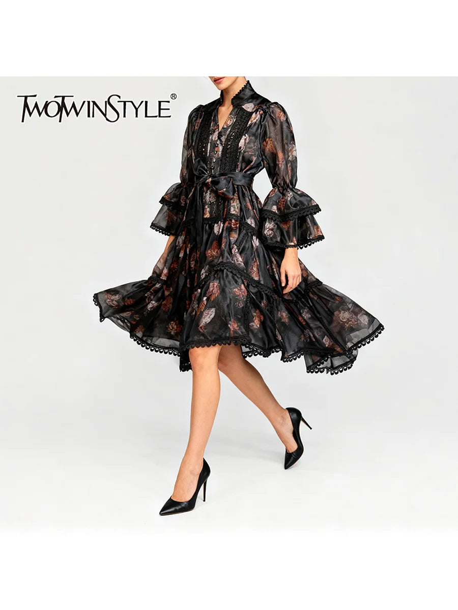 Printing Spliced Ruffles Dresses