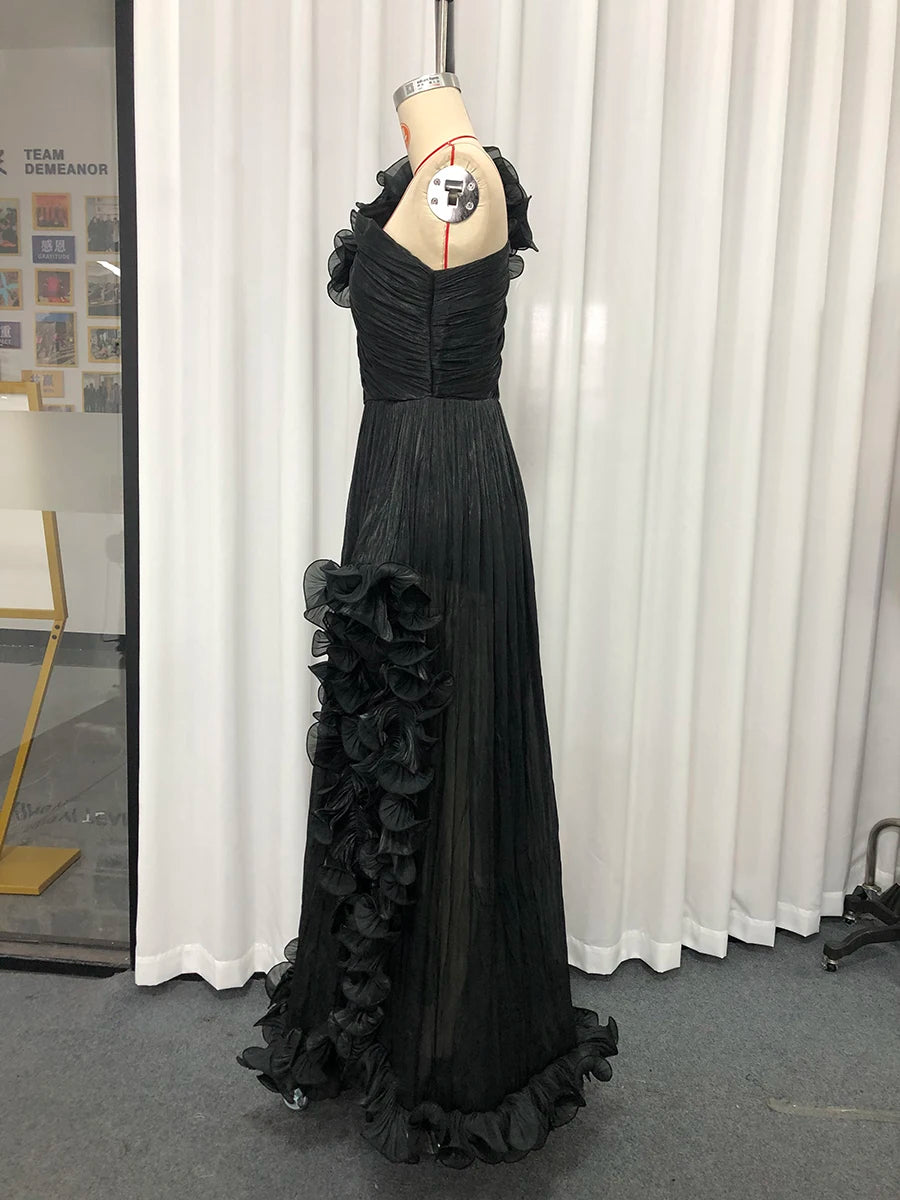 Black Spliced Fungus Folds Irregular Long Dress