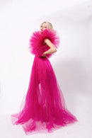 Fuchsia Pink Trendy Women Party Dresses V Neck High Slit Tulle Long Prom Gown Formal Dress for Wedding Photo Shoot Dress Custom