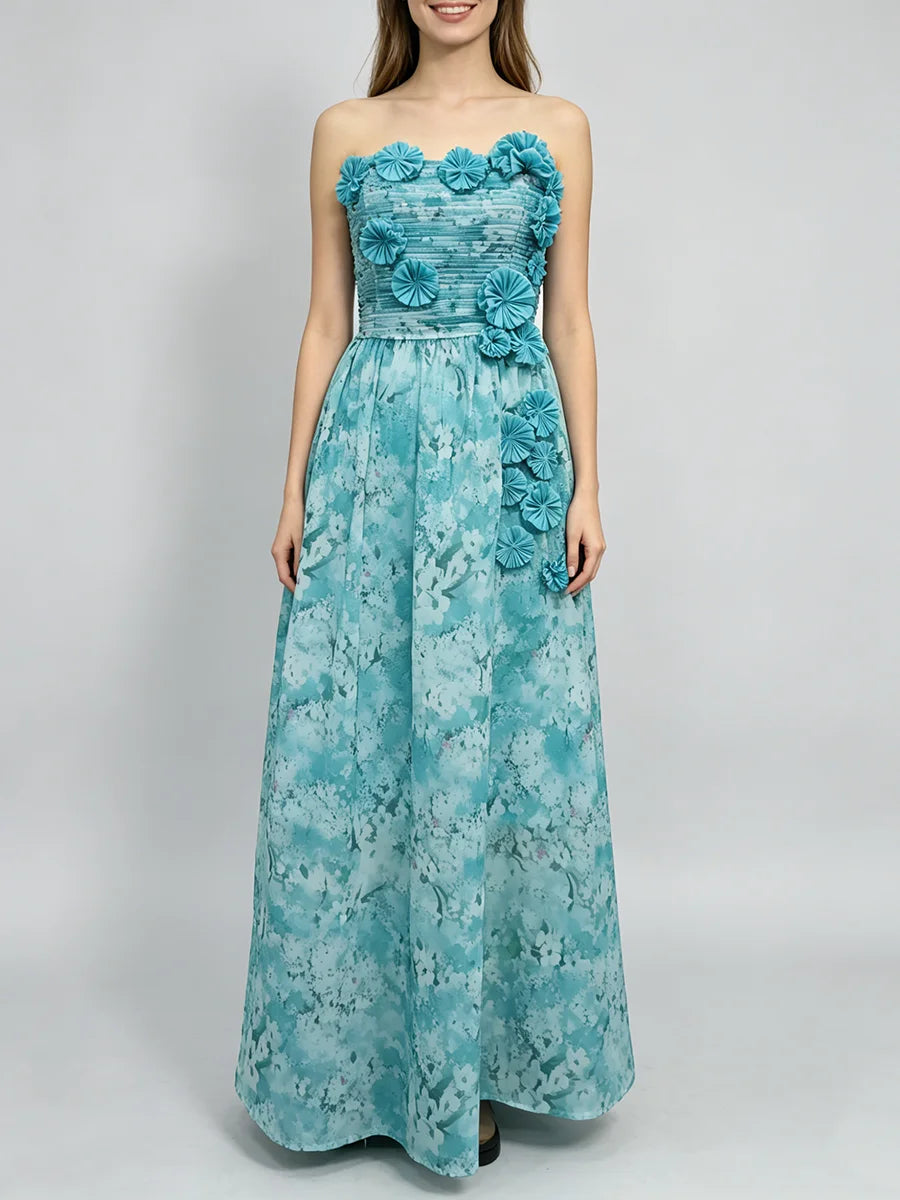 Blue Loose Spliced Flowers Dresses