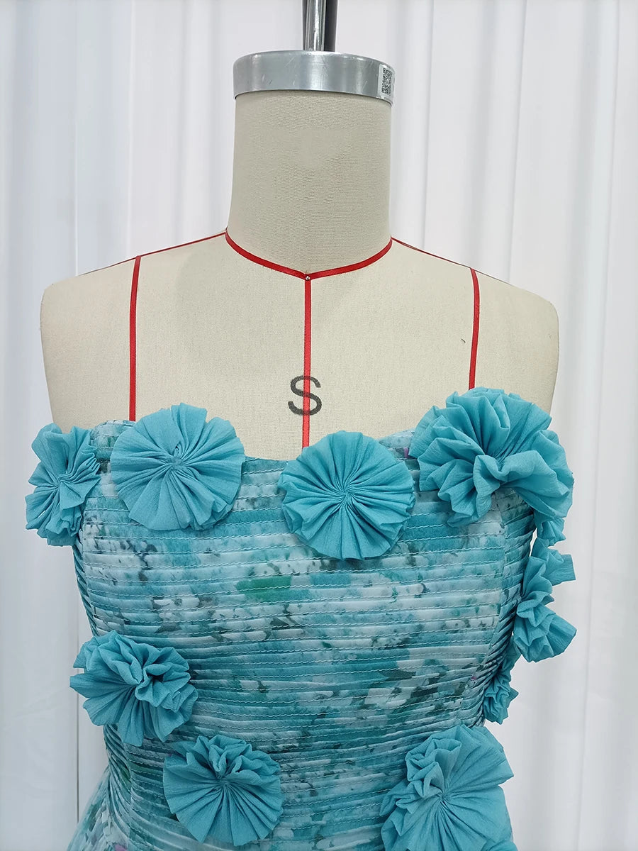 Blue Loose Spliced Flowers Dresses
