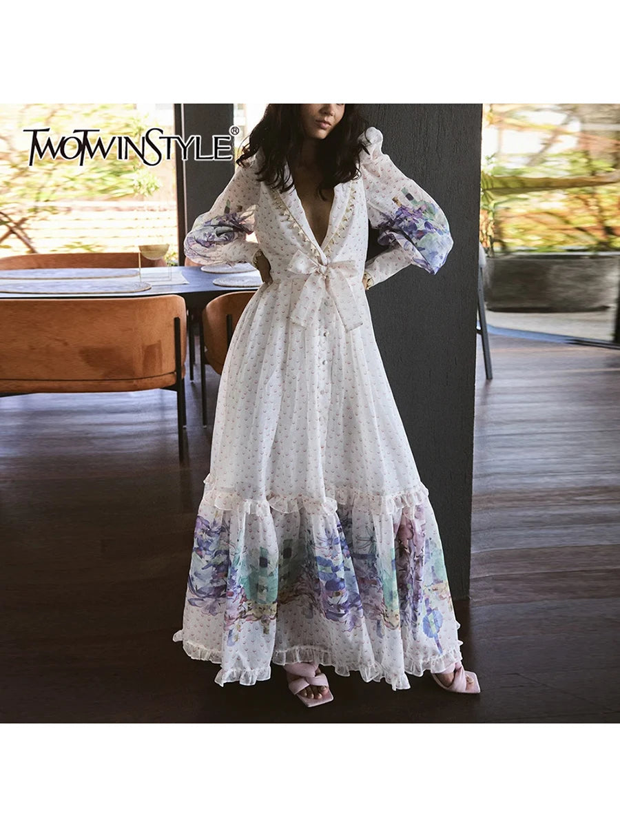 Printing Loose Spliced Wave Point Casual Dresses