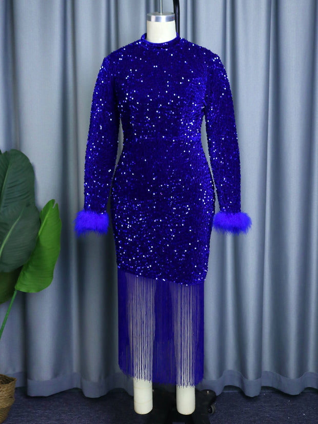 Blue Shiny Velvet Sequins Tassel Dress