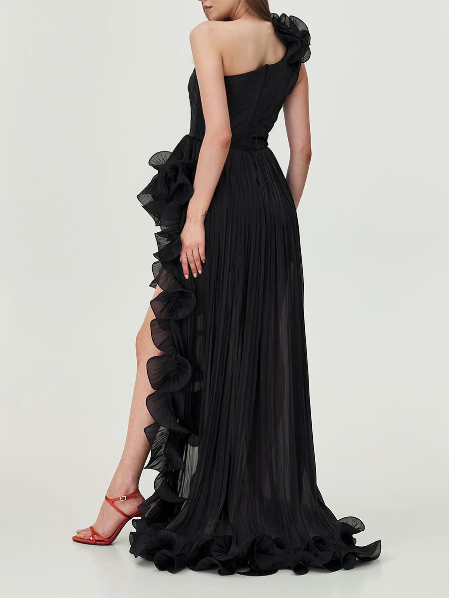 Black Spliced Fungus Folds Irregular Long Dress