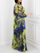 V-Neck Long Sleeves Patchwork Folds Dress