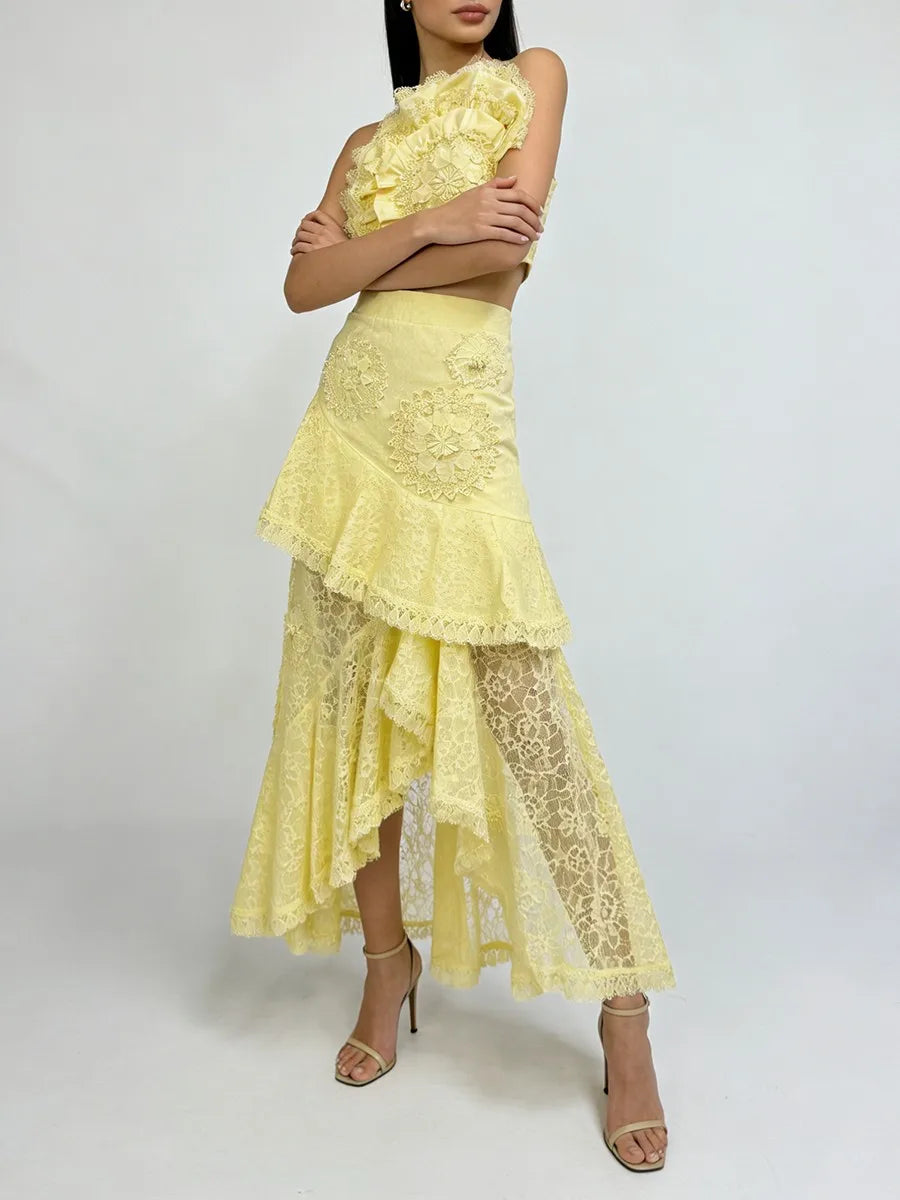 Embroidery Two Piece Ruffles Skirt Sets