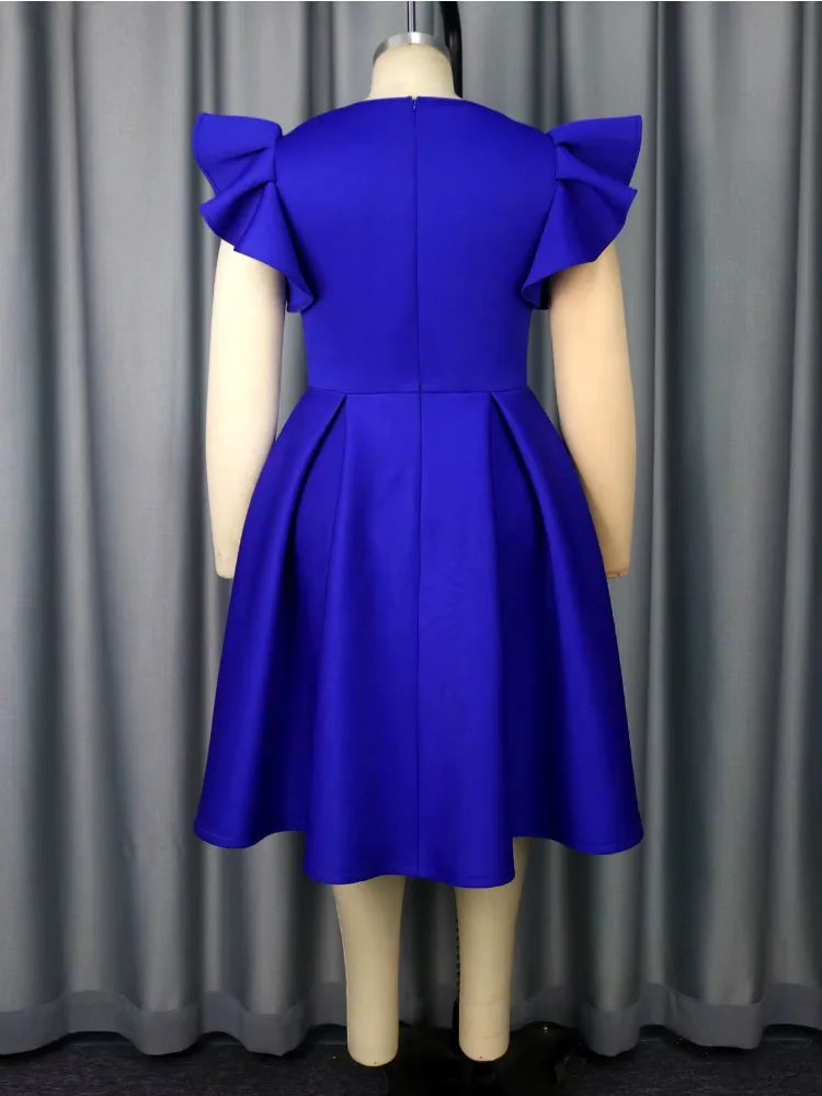 Plus Size Ruffle Sleeve A Line Dress with Pearl Embellished