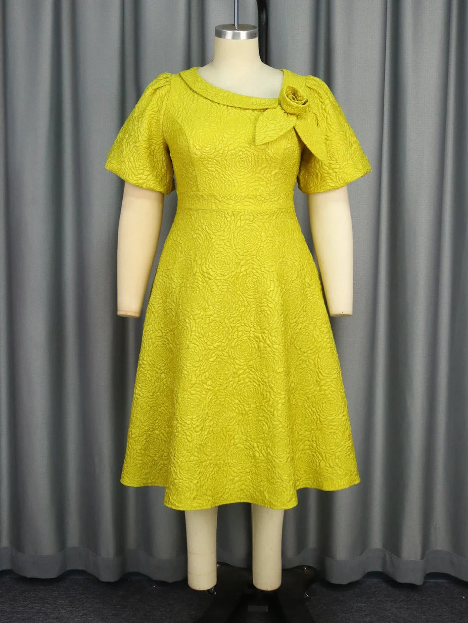 Plus Size Yellow Jacquard A-Line Dress Flower