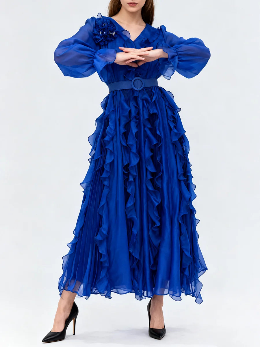 Solid Sheer Spliced Folds Dresses
