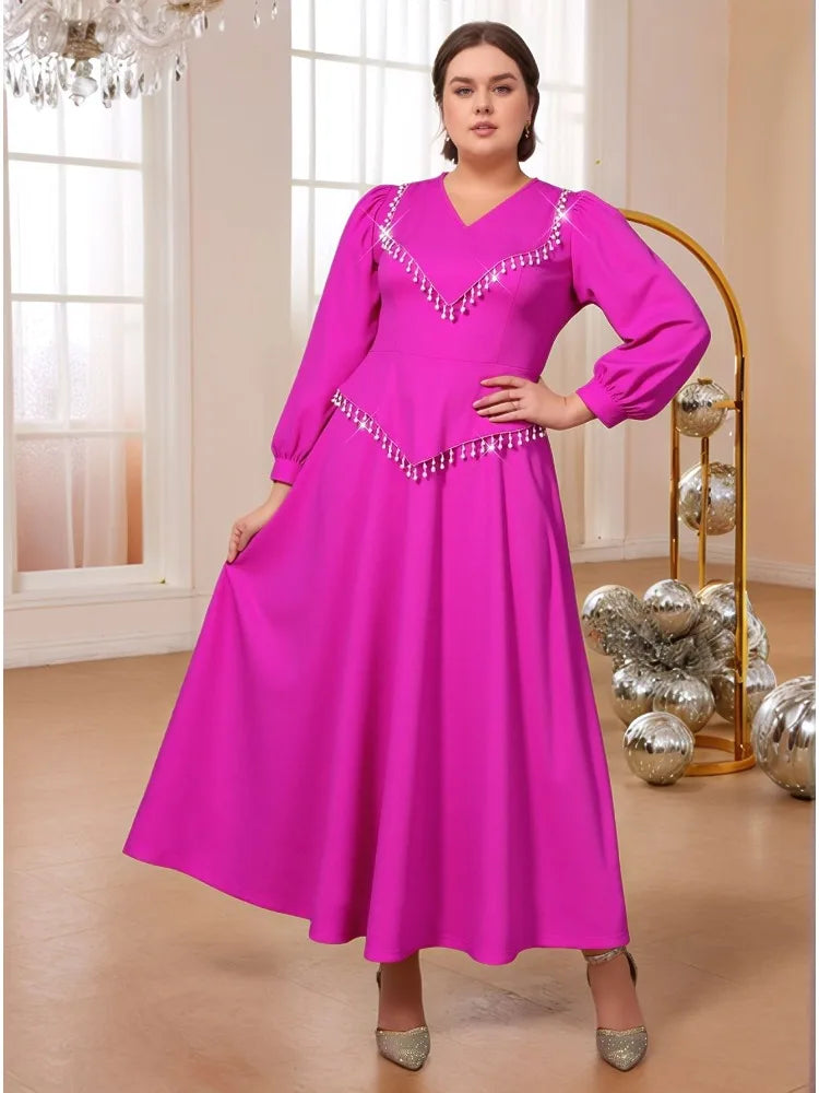 Plus Size Rose Patchwork Beading Tassel Dress