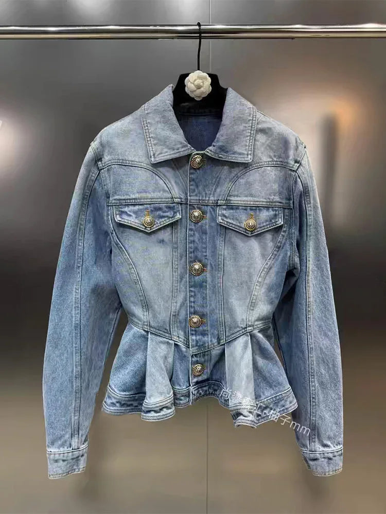 Solid Patchwork Ruffles  Denim Coats