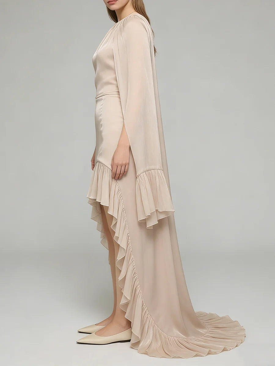 TWOTWINSTYLE Fashion Spliced Ruched Irregular Long Dress for Women Round Neck Sleeveless Tunic Patchwork Cloak Dresses Female