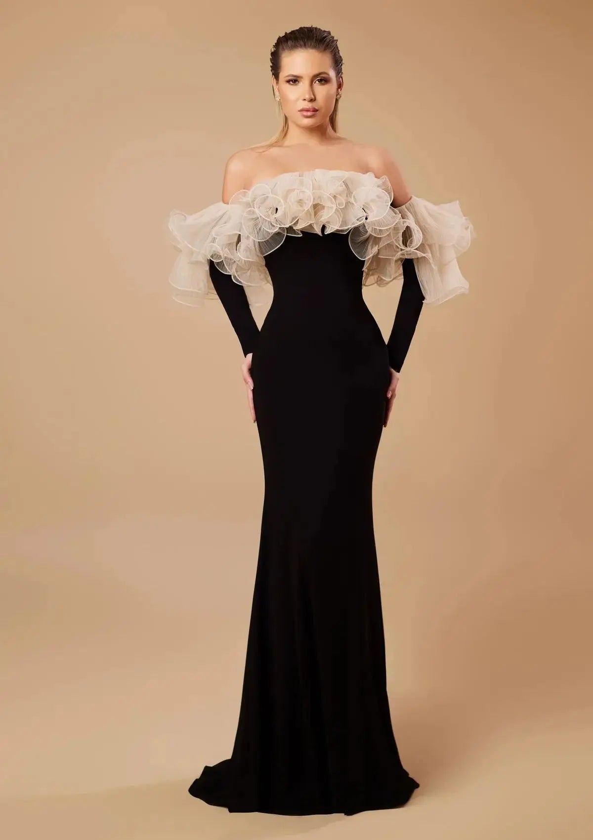 Black Evening Off Shoulder Tiered Ruffles Dress