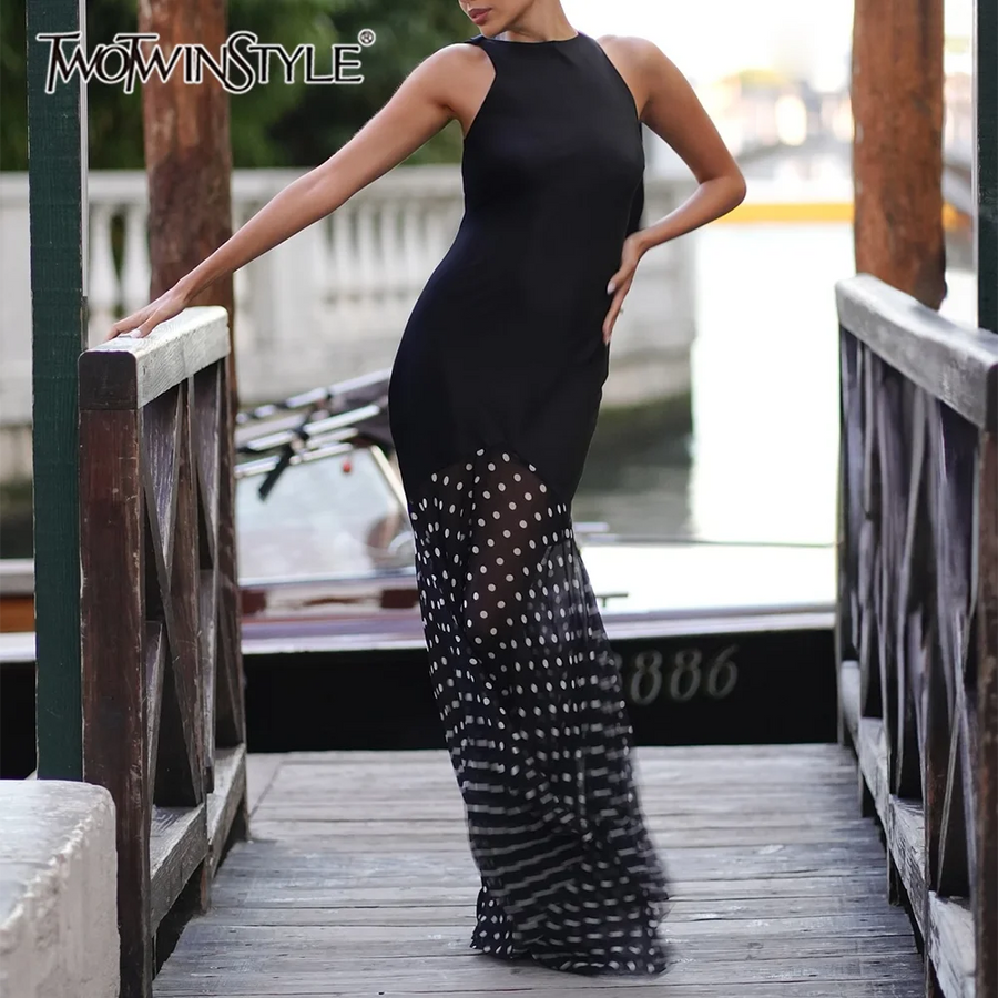 Sheer Spliced Wave Point Long Dress