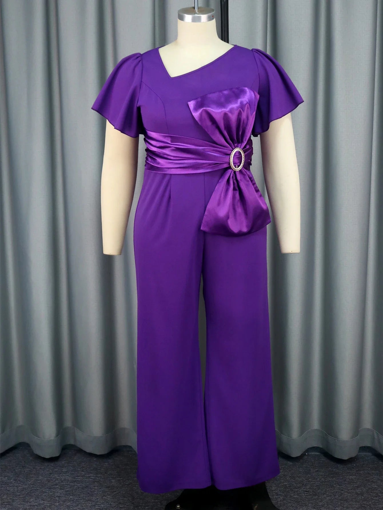 Women Elegant Purple Jumpsuit Asymmetrical Neck Short Sleeve Patchwork Bow High Waist Wide Leg Rompers Plus Size 4XL One Piece