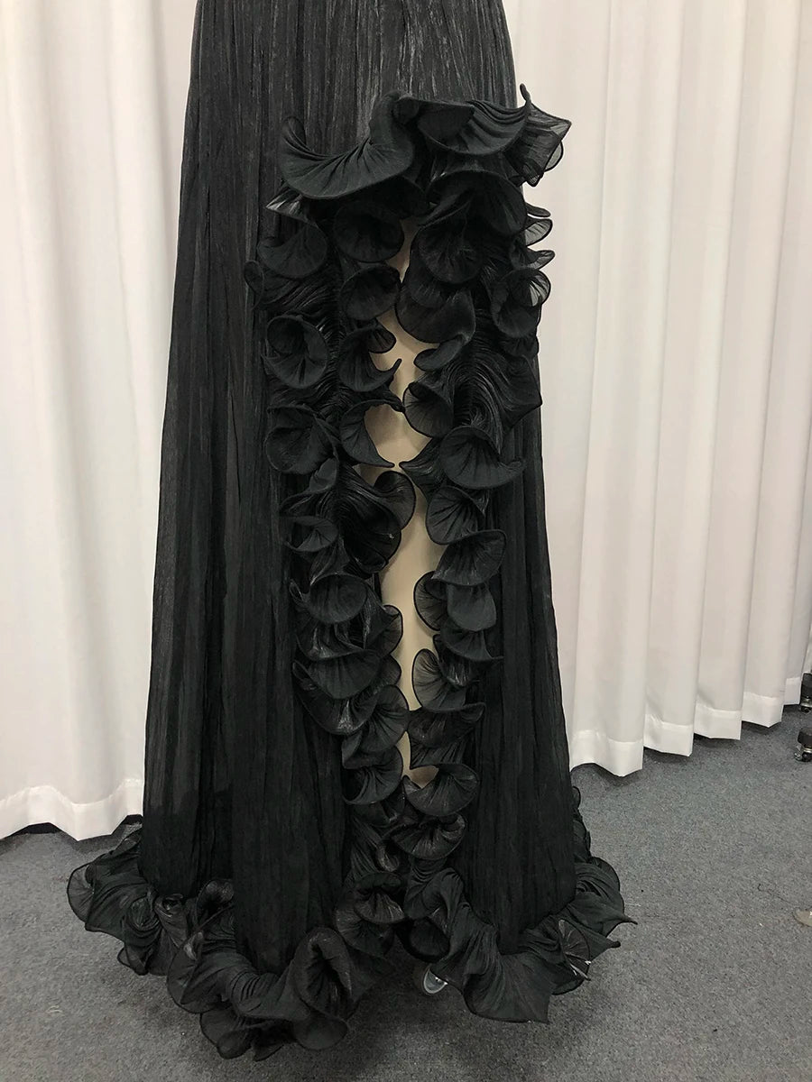 Black Spliced Fungus Folds Irregular Long Dress