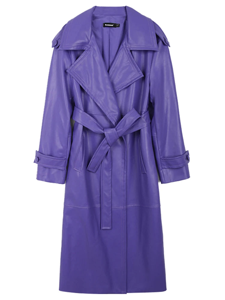 Long Purple Faux Leather Trench Coat